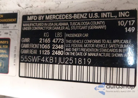 2018 Mercedes-Benz C 300 4Matic from USA, damaged, VIN 55SWF4KB1JU251819
